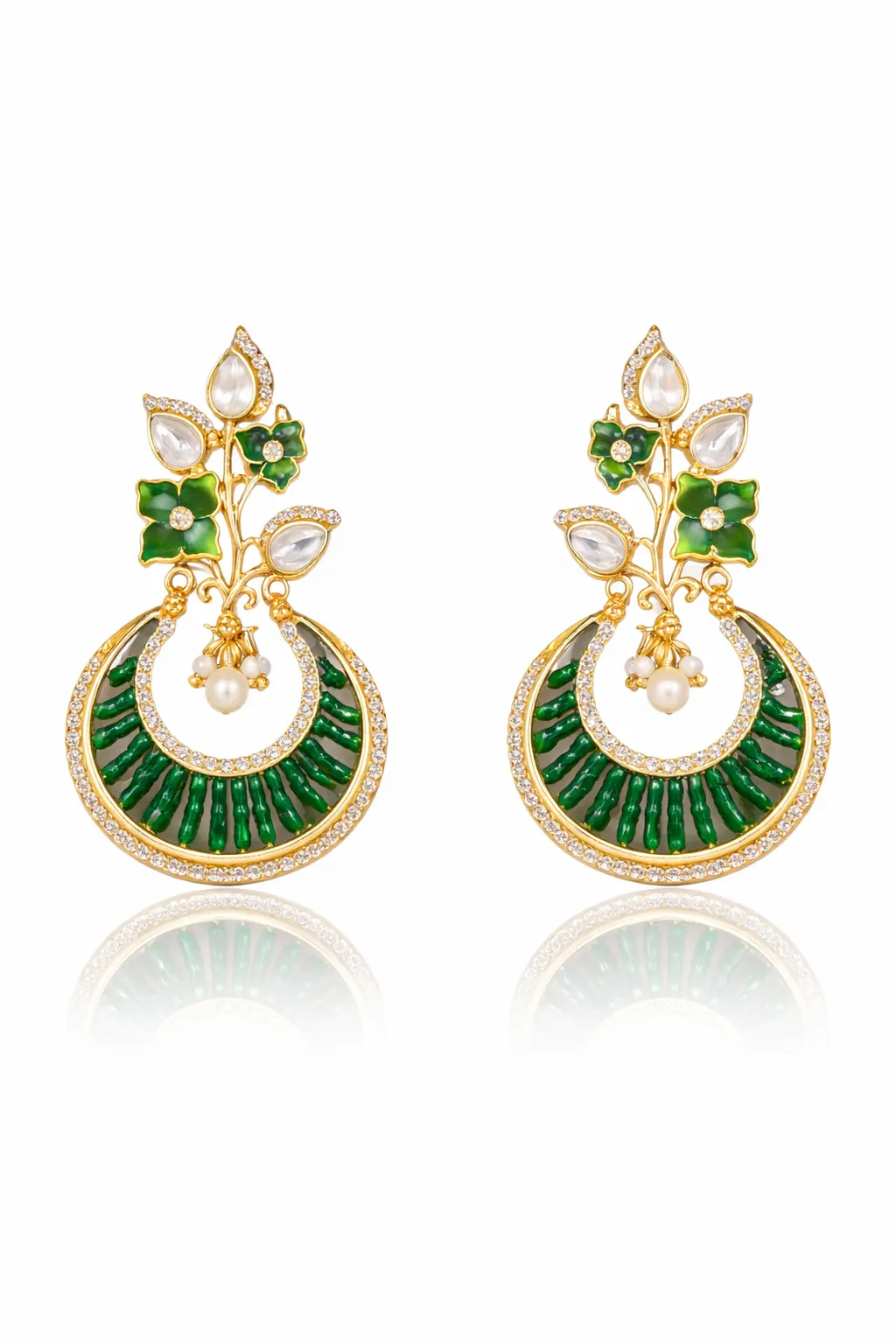 Emerald Bloom American Diamond Earrings Green Pearl Drop - product image 3