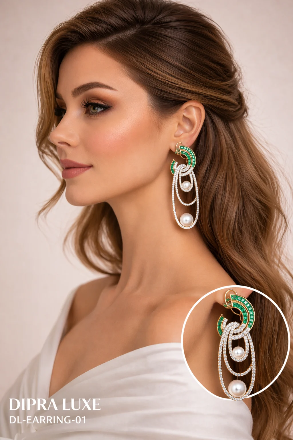 Emerald Pearl American Diamond Earrings Green Stone Drop - product image 2