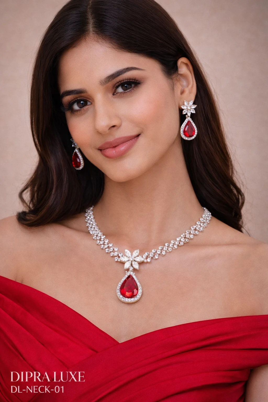 Ruby Royale American Diamond Necklace Set Red Teardrop - product image 1