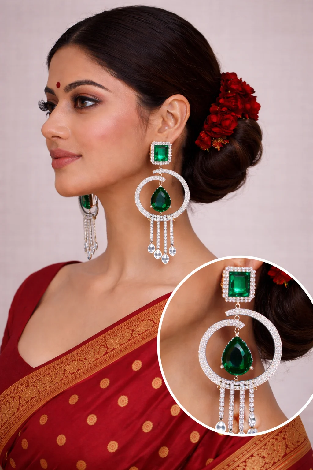 Crystal Dangler American Diamond Earrings Green Teardrop - product image 2