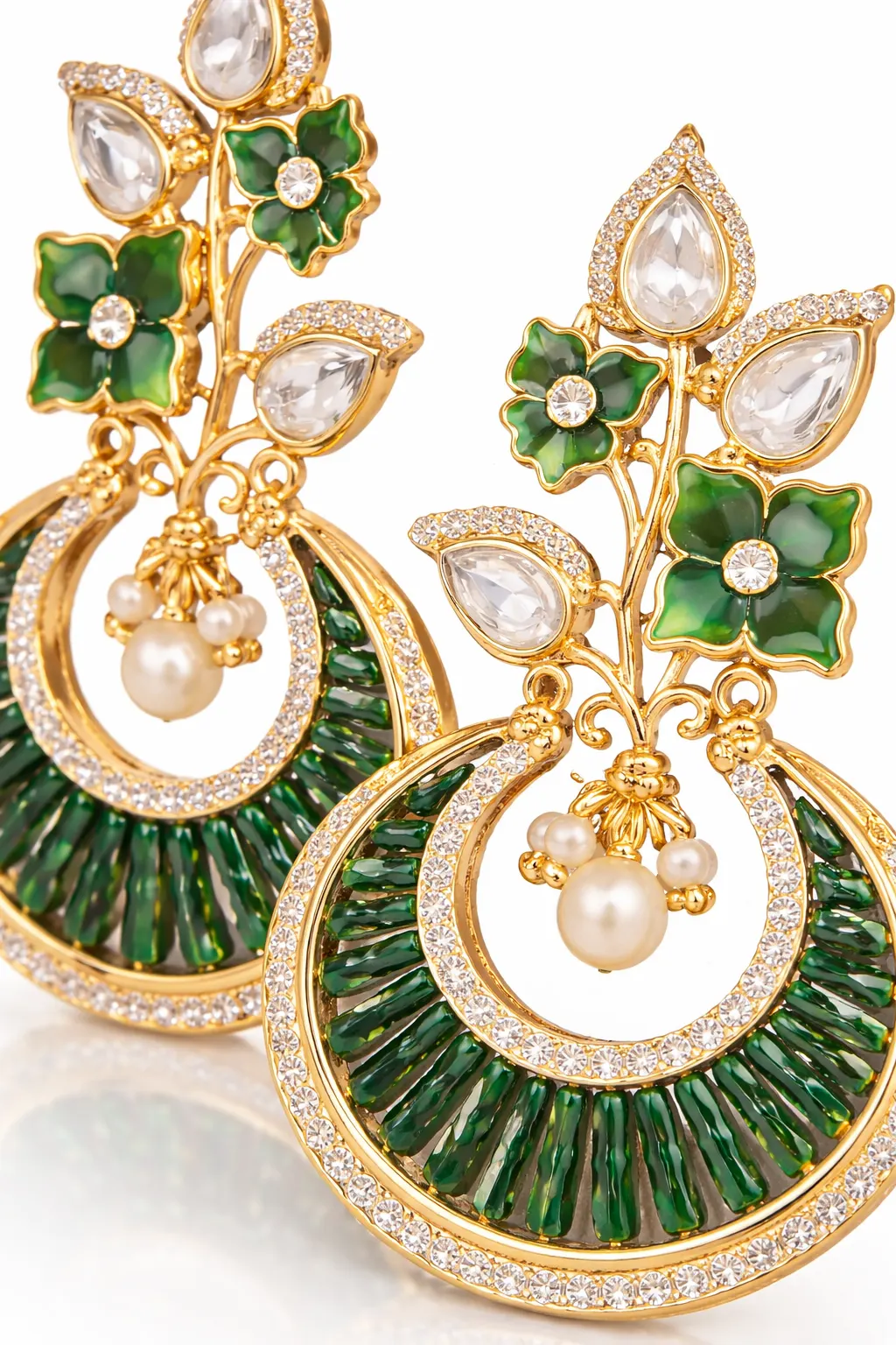 Emerald Bloom American Diamond Earrings Green Pearl Drop - product image 4