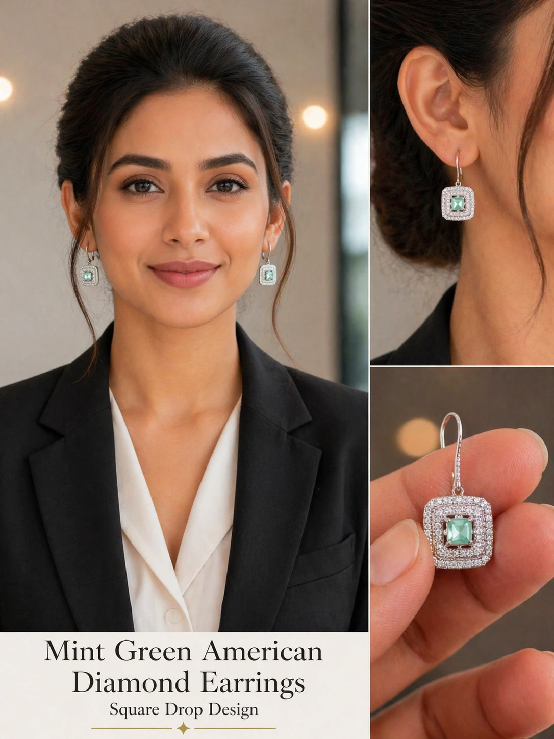 Mint Green American Diamond Earrings Square Drop Design - product image 1