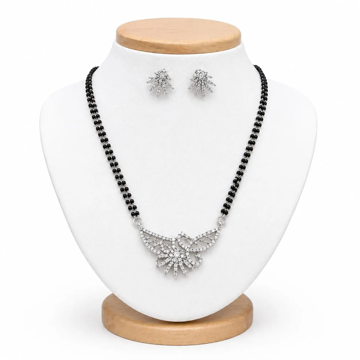 Elegant Black Beads Mangalsutra Necklace Set with Diamond Pendant & Earrings - product image 3