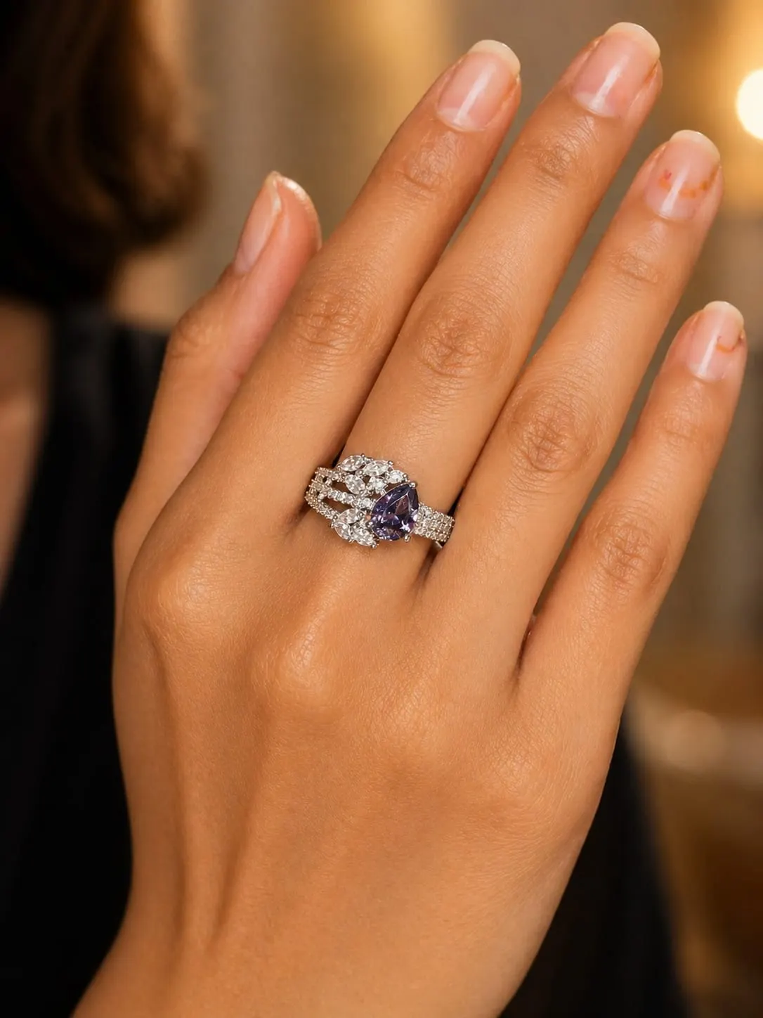 Amora Violet Bloom American Diamond Ring (Silver Finish, Size 15) - product image 2