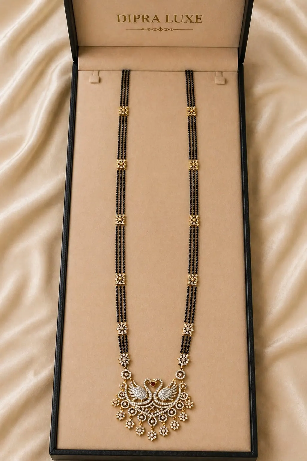 Luxury Swan Design Black Beaded Mangalsutra with Crystal Pendant - product image 5