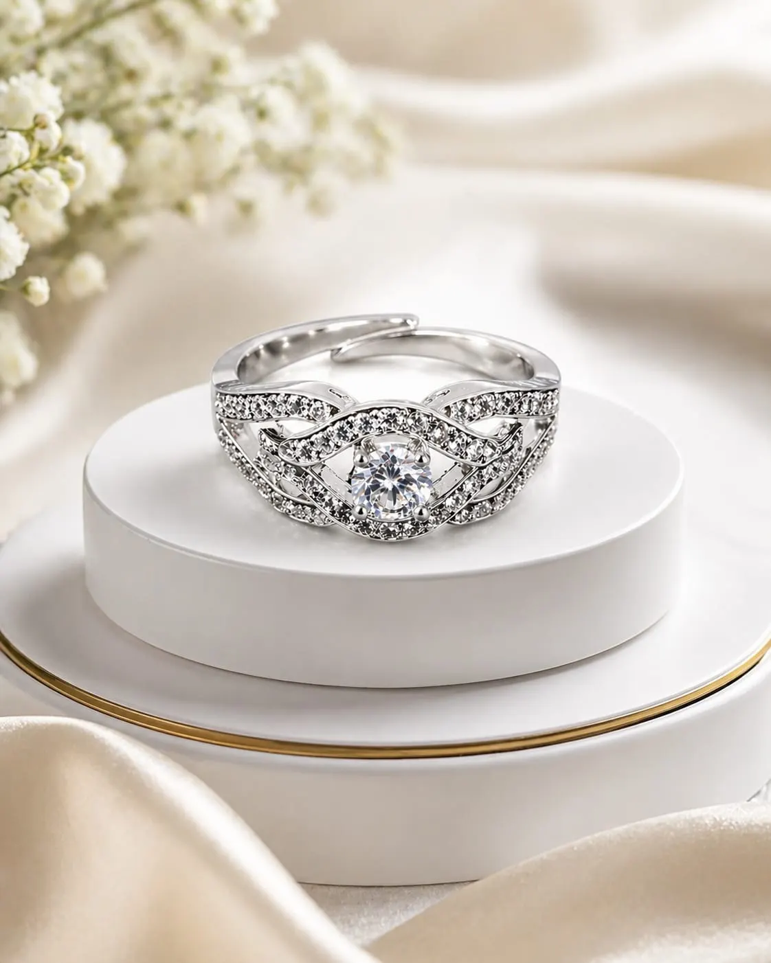 Celestia Wave American Diamond Ring (Silver Finish, Adjustable Size) - product image 1