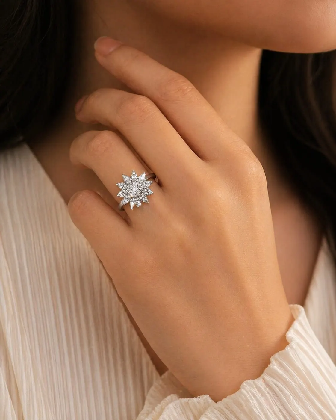 Solara Bloom American Diamond Ring (Silver Finish, Adjustable Size) - product image 1