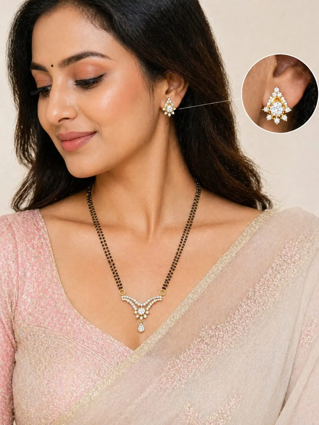 Dipra Luxe AD Mangalsutra Set with Earrings for Women (Gold Plated, Black Beads) - product image 1