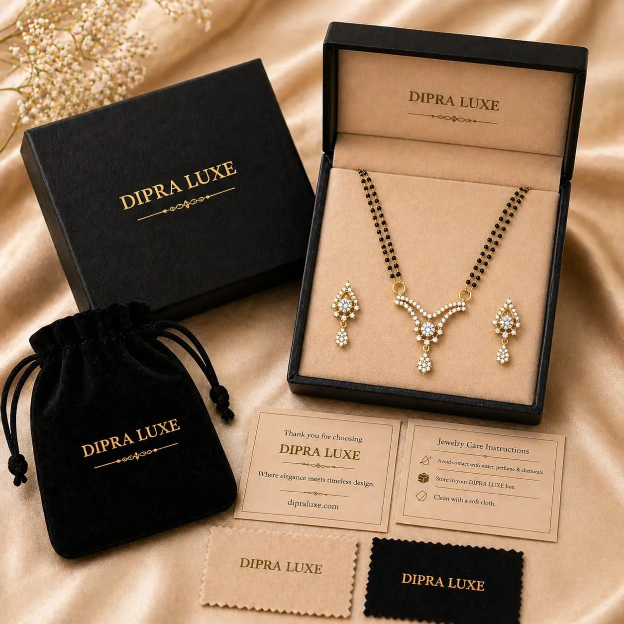 Dipra Luxe AD Mangalsutra Set with Earrings for Women (Gold Plated, Black Beads) - product image 3