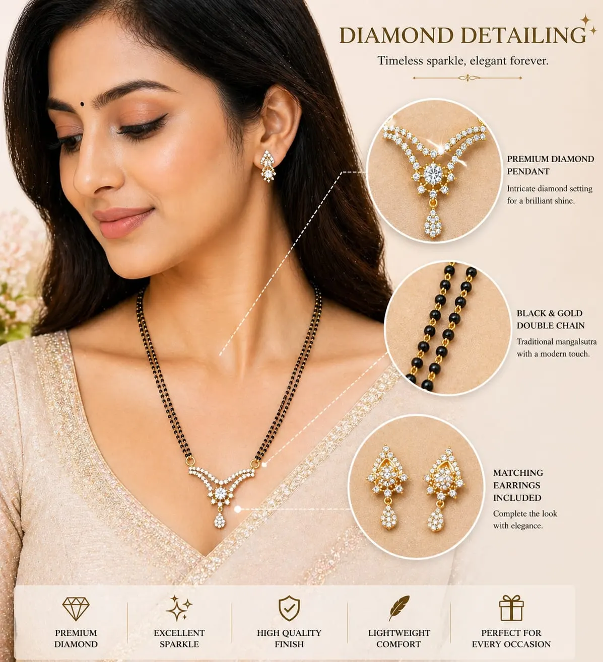 Dipra Luxe AD Mangalsutra Set with Earrings for Women (Gold Plated, Black Beads) - product image 2