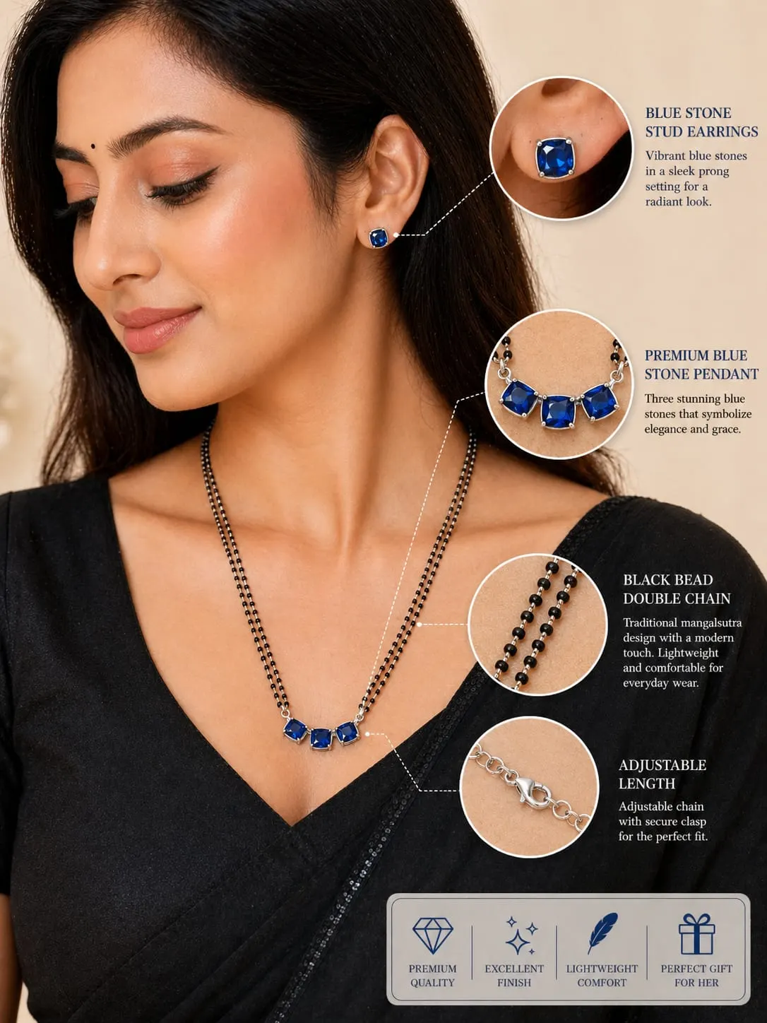 Dipra Luxe Blue Stone AD Mangalsutra Set with Earrings for Women (Gold Plated, Double Chain) - product image 2