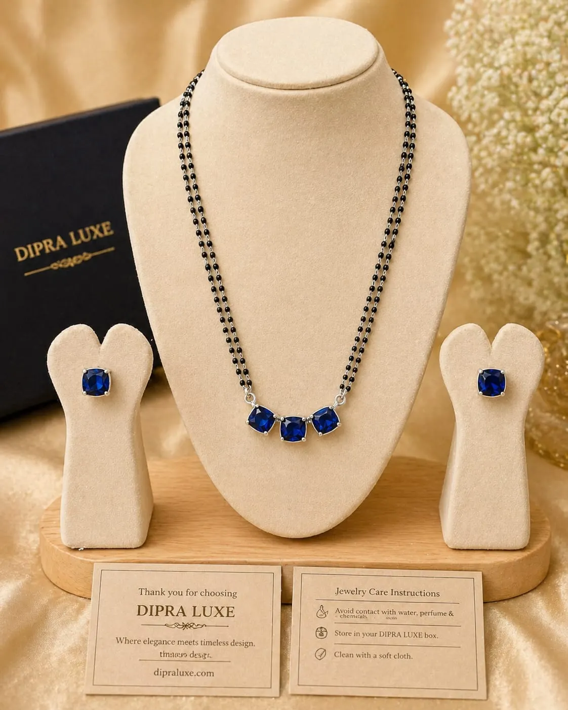 Dipra Luxe Blue Stone AD Mangalsutra Set with Earrings for Women (Gold Plated, Double Chain) - product image 4