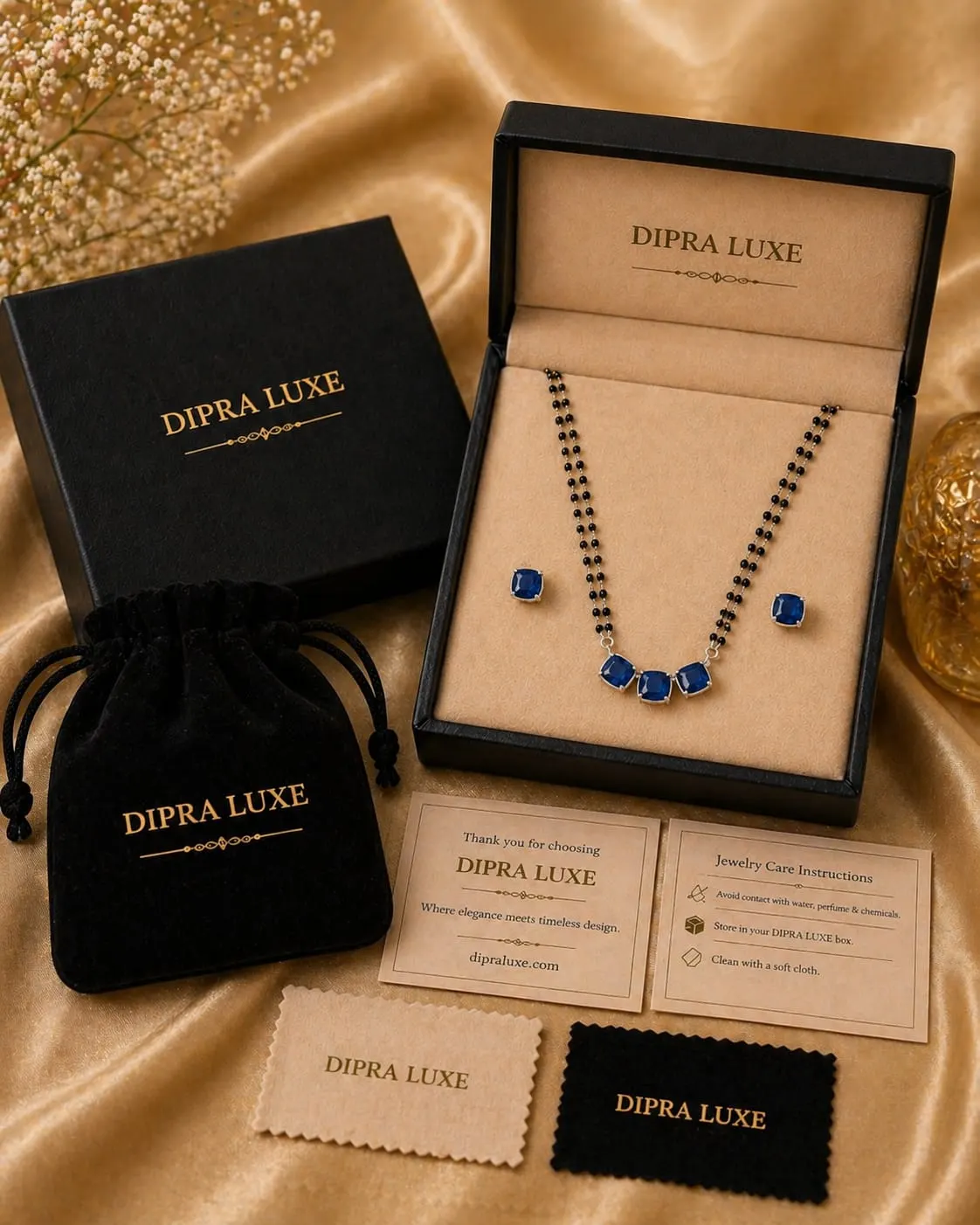 Dipra Luxe Blue Stone AD Mangalsutra Set with Earrings for Women (Gold Plated, Double Chain) - product image 3