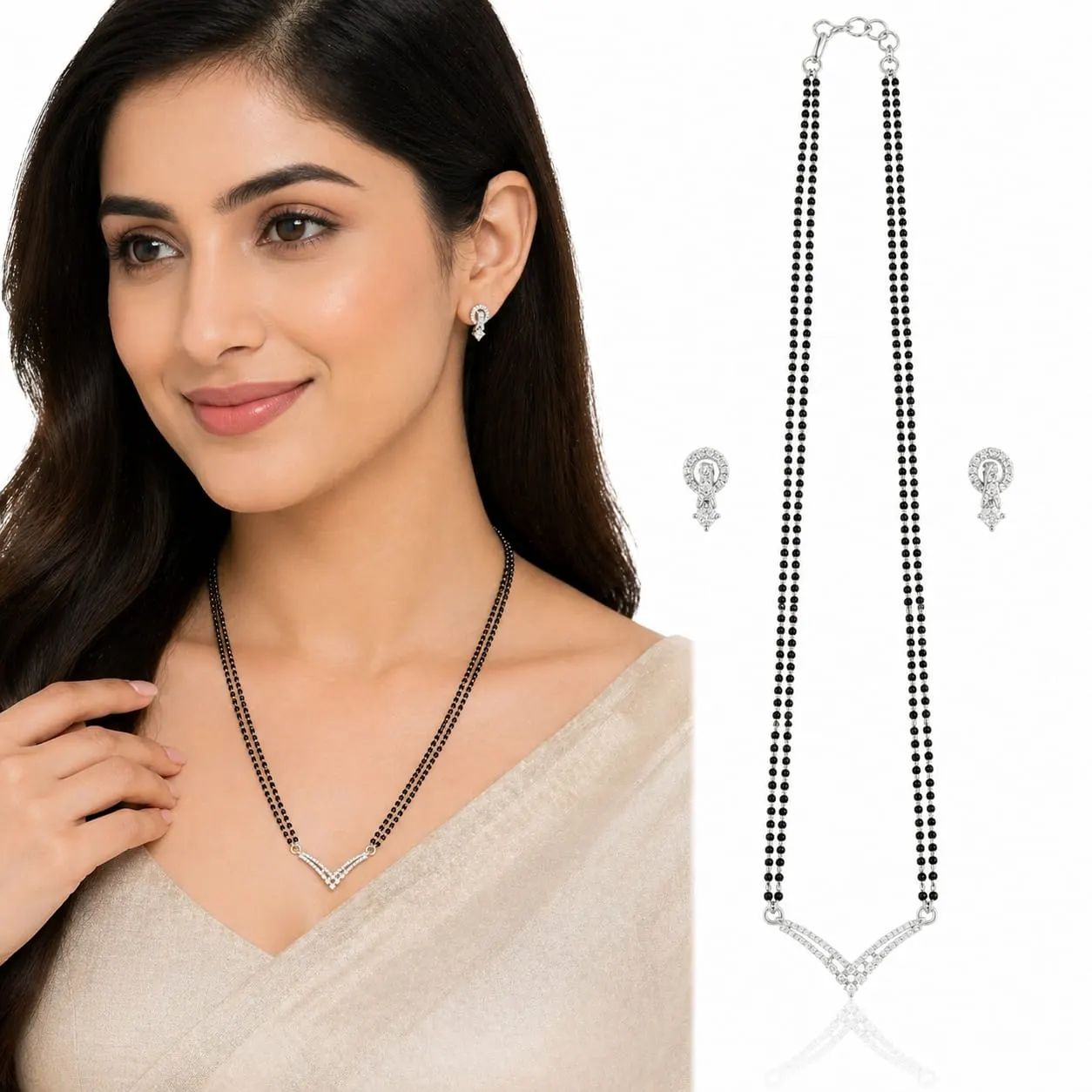 Gold Plated Mangalsutra with Diamond Pendant & Earrings Set for Women – Dipra Luxe - product image 2