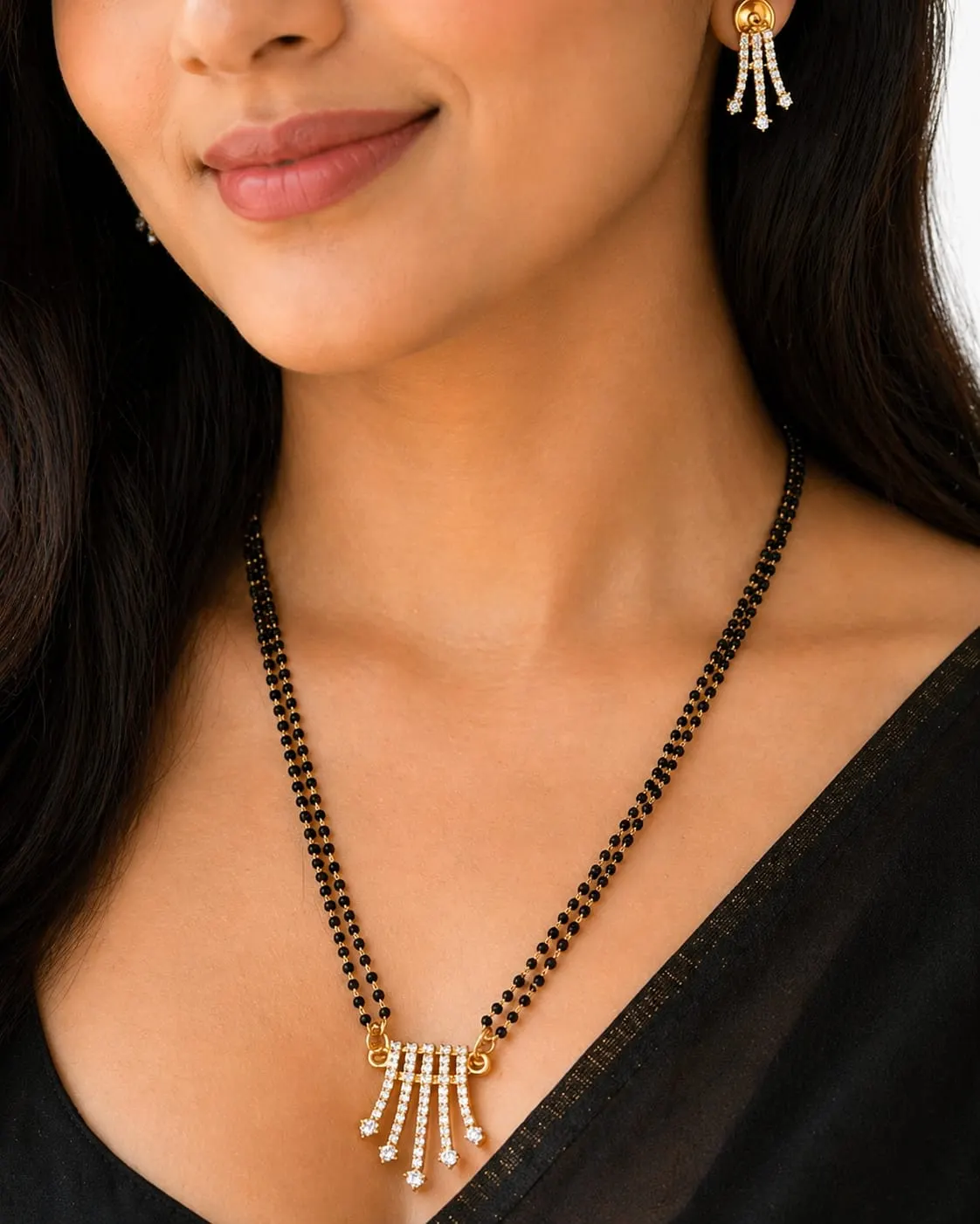 Dipra Luxe AD Tassel Mangalsutra Set with Earrings for Women (Gold Plated, Double Black Bead Chain) - product image 2