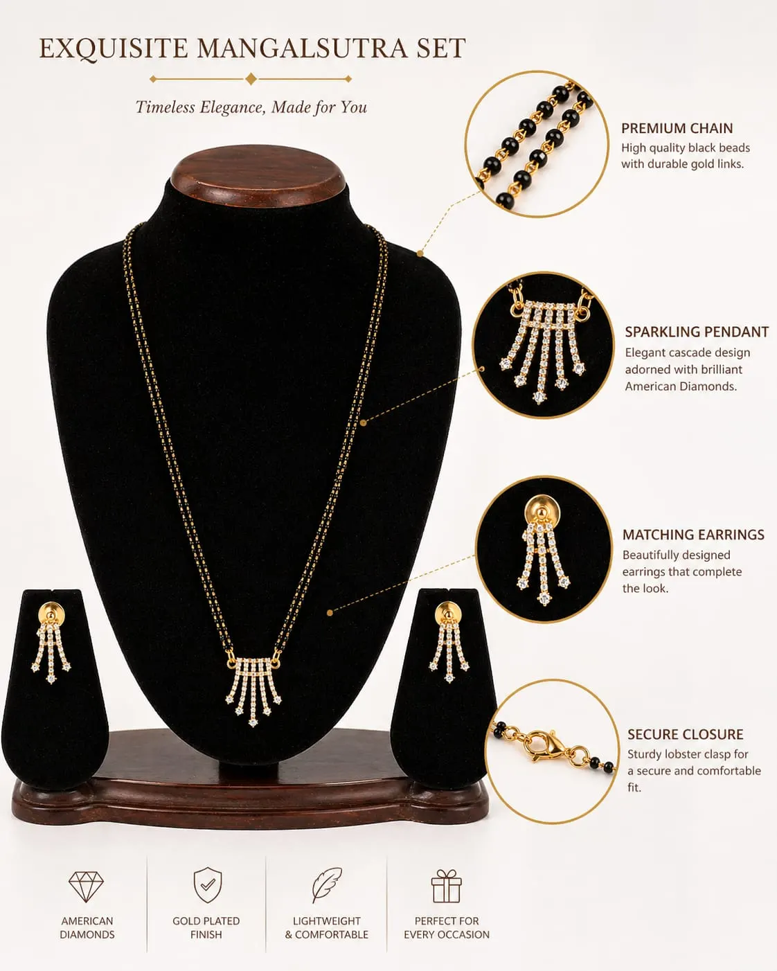 Dipra Luxe AD Tassel Mangalsutra Set with Earrings for Women (Gold Plated, Double Black Bead Chain) - product image 3