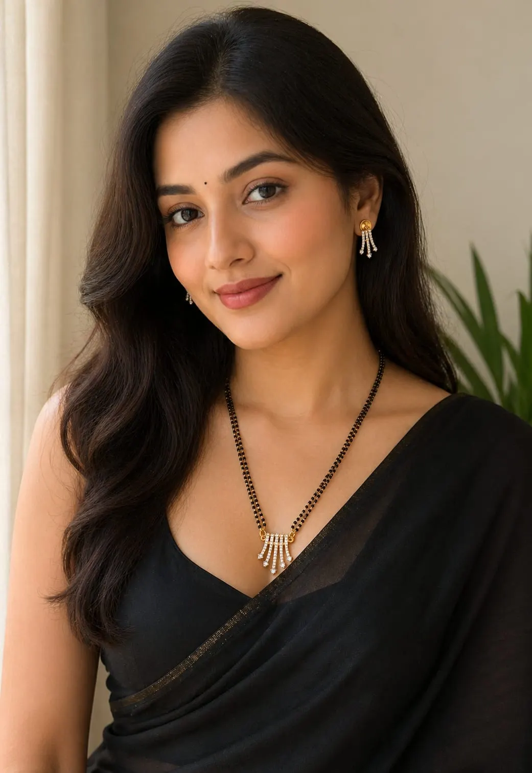 Dipra Luxe AD Tassel Mangalsutra Set with Earrings for Women (Gold Plated, Double Black Bead Chain) - product image 1