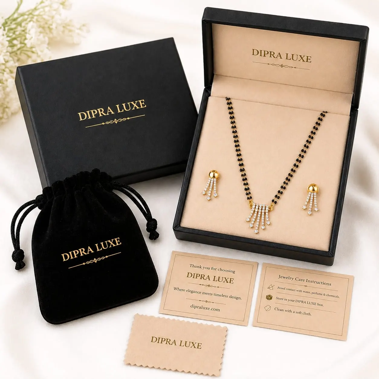 Dipra Luxe AD Tassel Mangalsutra Set with Earrings for Women (Gold Plated, Double Black Bead Chain) - product image 5