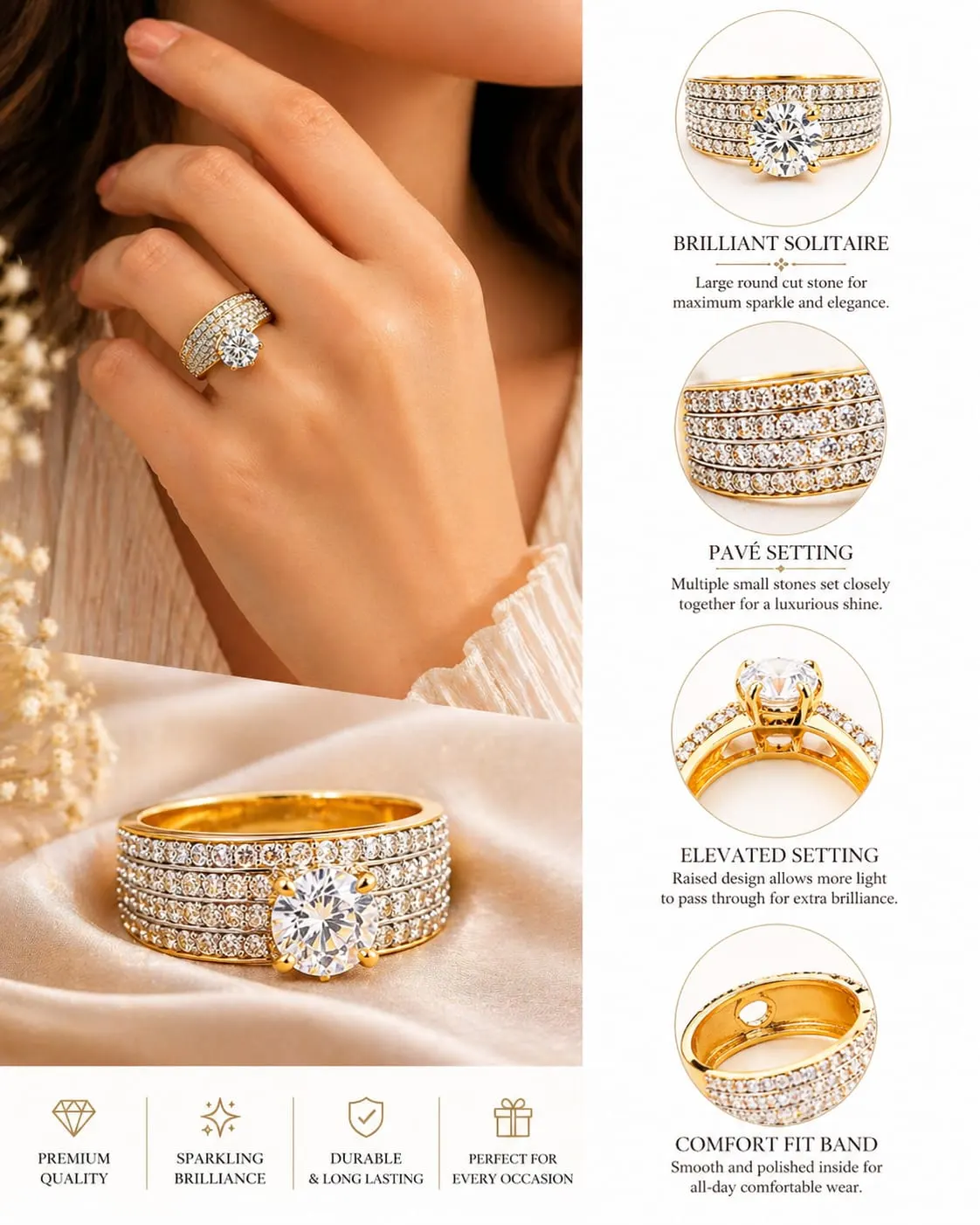 Dipra Luxe Premium AD Solitaire Ring for Women (Gold Plated, Multi-Row Diamond Style Band) - product image 3