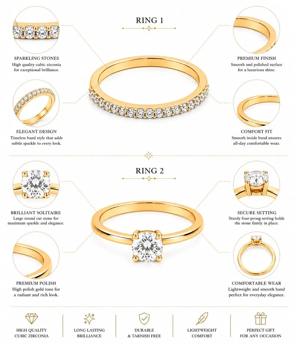 Dipra Luxe AD Couple Ring Set for Men & Women (Gold Plated, Solitaire & Studded Design) - product image 3