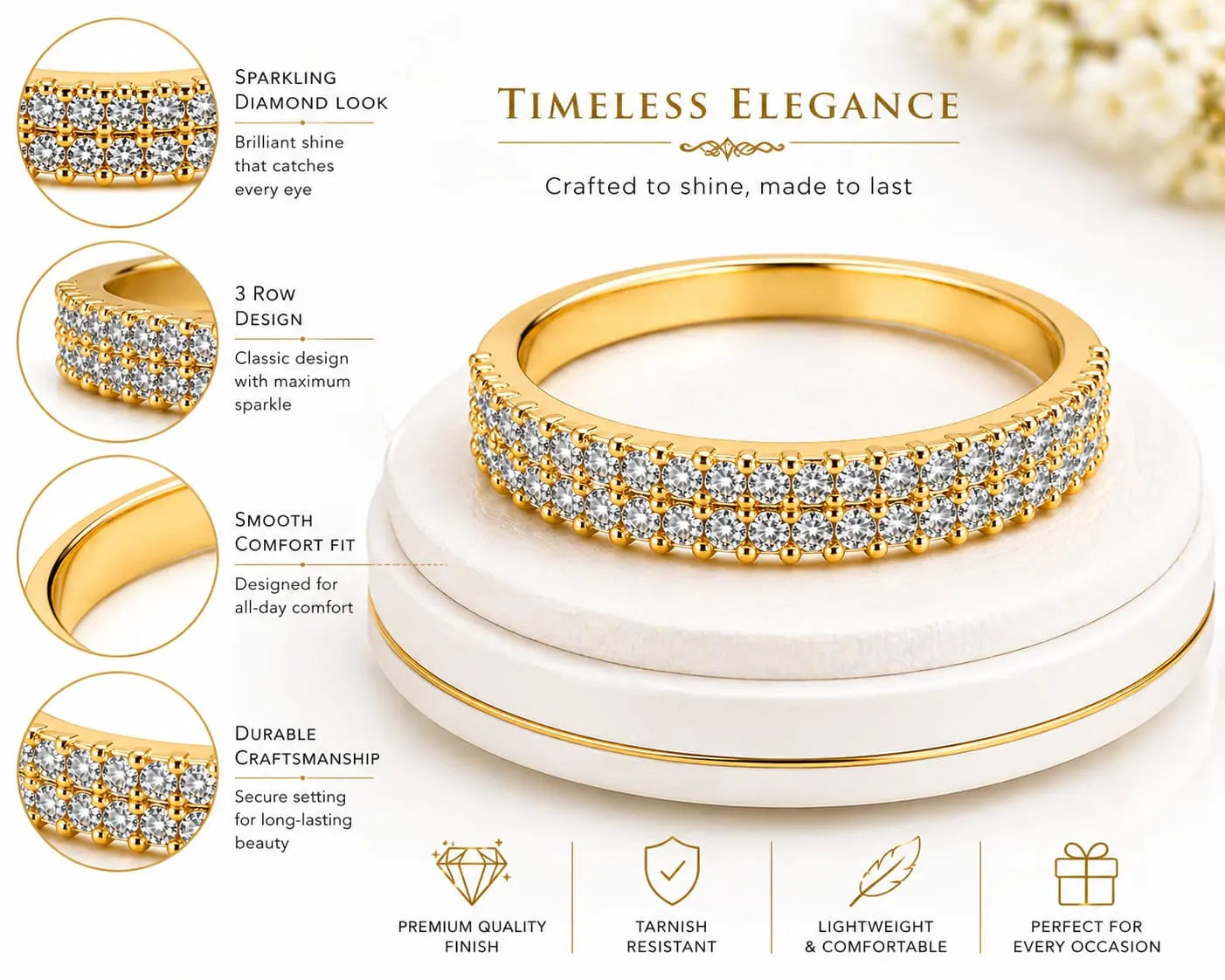 Dipra Luxe Premium AD Diamond Look Band Ring for Women (Gold Plated, Multi-Row Studded Design) - product image 3