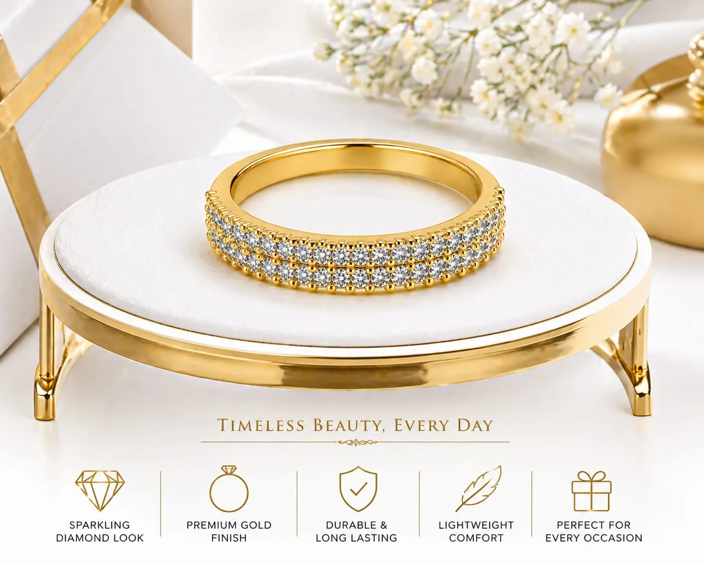 Dipra Luxe Premium AD Diamond Look Band Ring for Women (Gold Plated, Multi-Row Studded Design) - product image 4