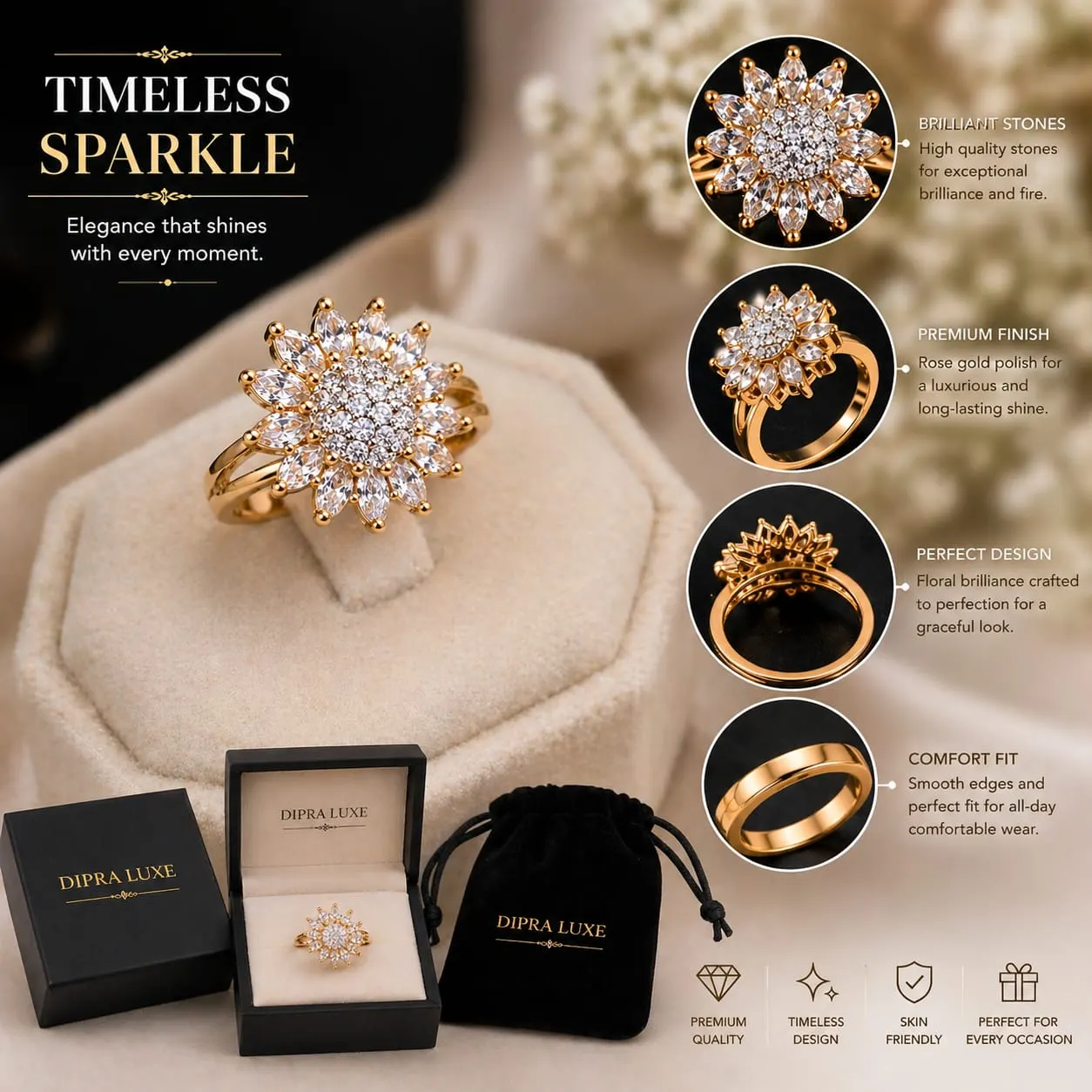 Dipra Luxe Premium Floral AD Ring for Women (Gold Plated, Diamond Look Flower Design, Size 15) - product image 4