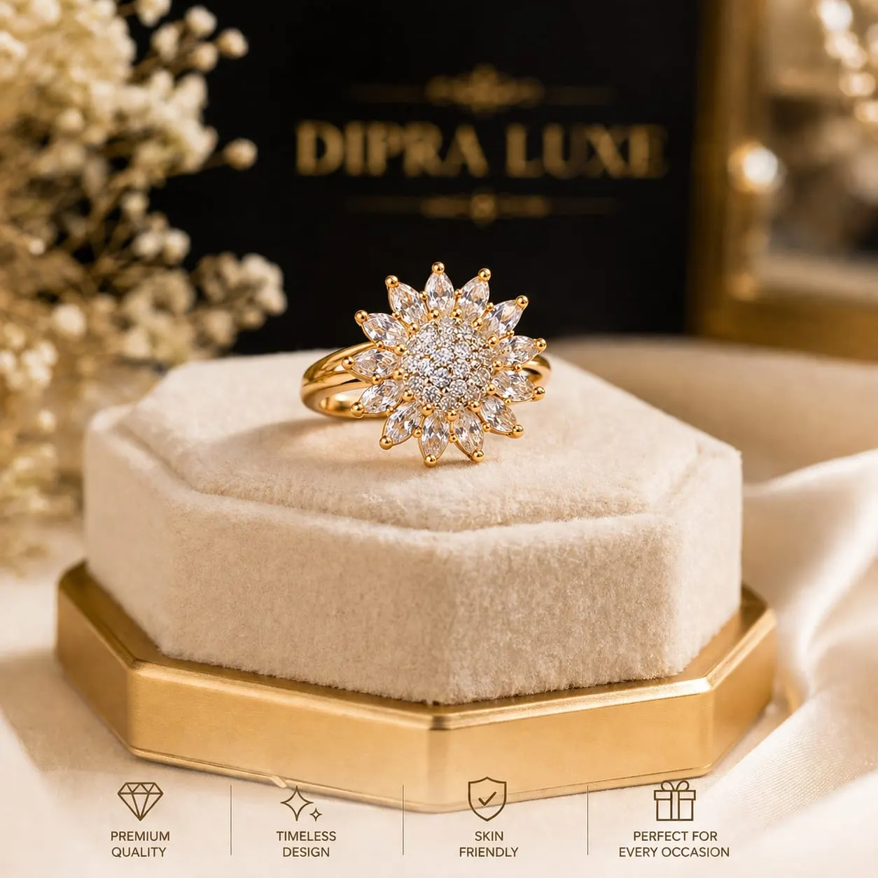 Dipra Luxe Premium Floral AD Ring for Women (Gold Plated, Diamond Look Flower Design, Size 15) - product image 1