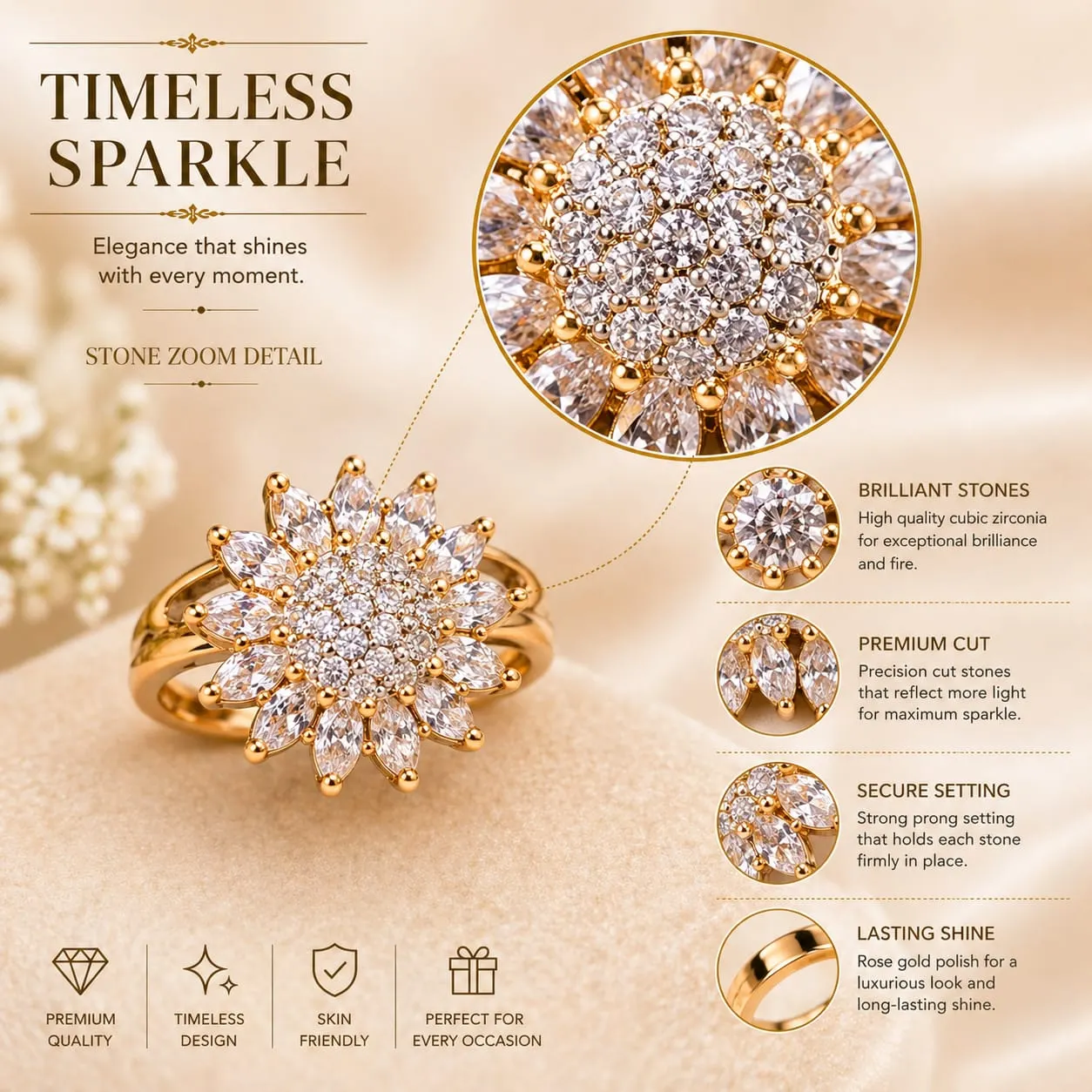 Dipra Luxe Premium Floral AD Ring for Women (Gold Plated, Diamond Look Flower Design, Size 15) - product image 3