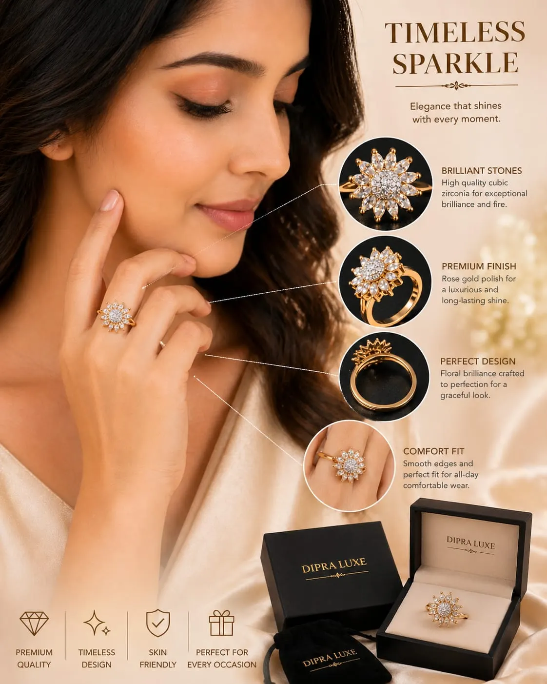 Dipra Luxe Premium Floral AD Ring for Women (Gold Plated, Diamond Look Flower Design, Size 15) - product image 2