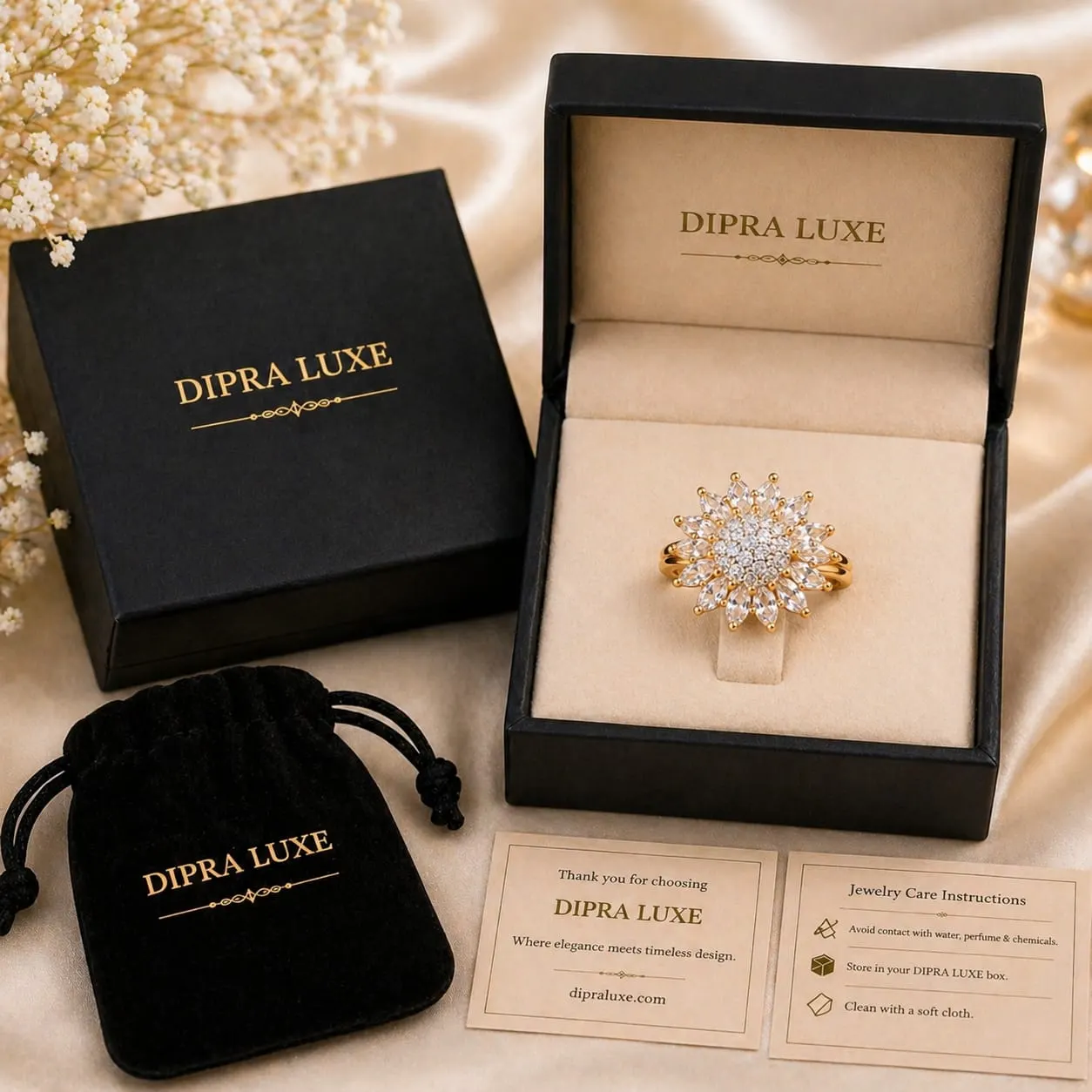 Dipra Luxe Premium Floral AD Ring for Women (Gold Plated, Diamond Look Flower Design, Size 15) - product image 5