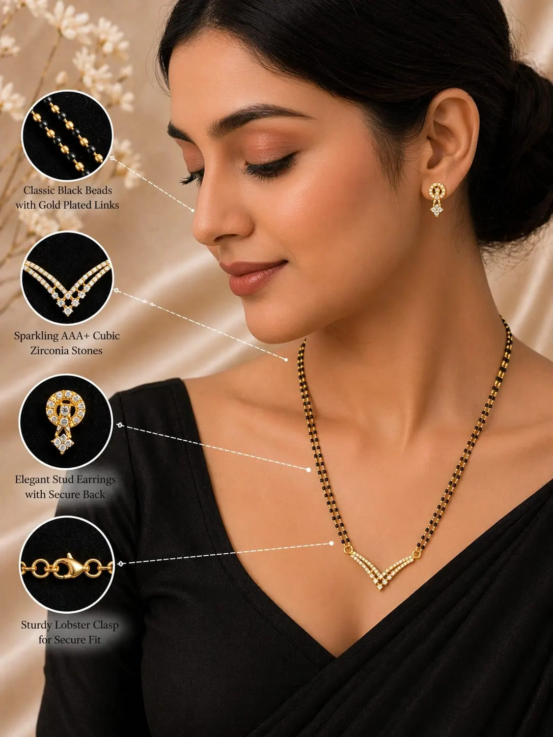 Gold Plated Mangalsutra Set with Diamond Pendant & Earrings for Women – Dipra Luxe - product image 3